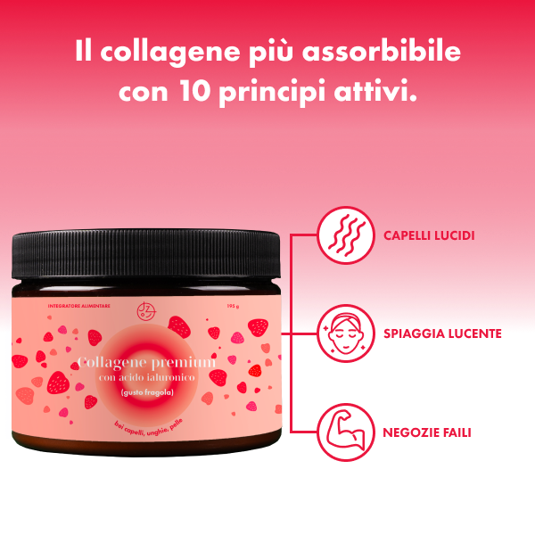 Collagene premium con acido ialuronico, vit. C e 8 sostanze per splendidi capelli, unghie, pelle (gusto fragola) 🍓