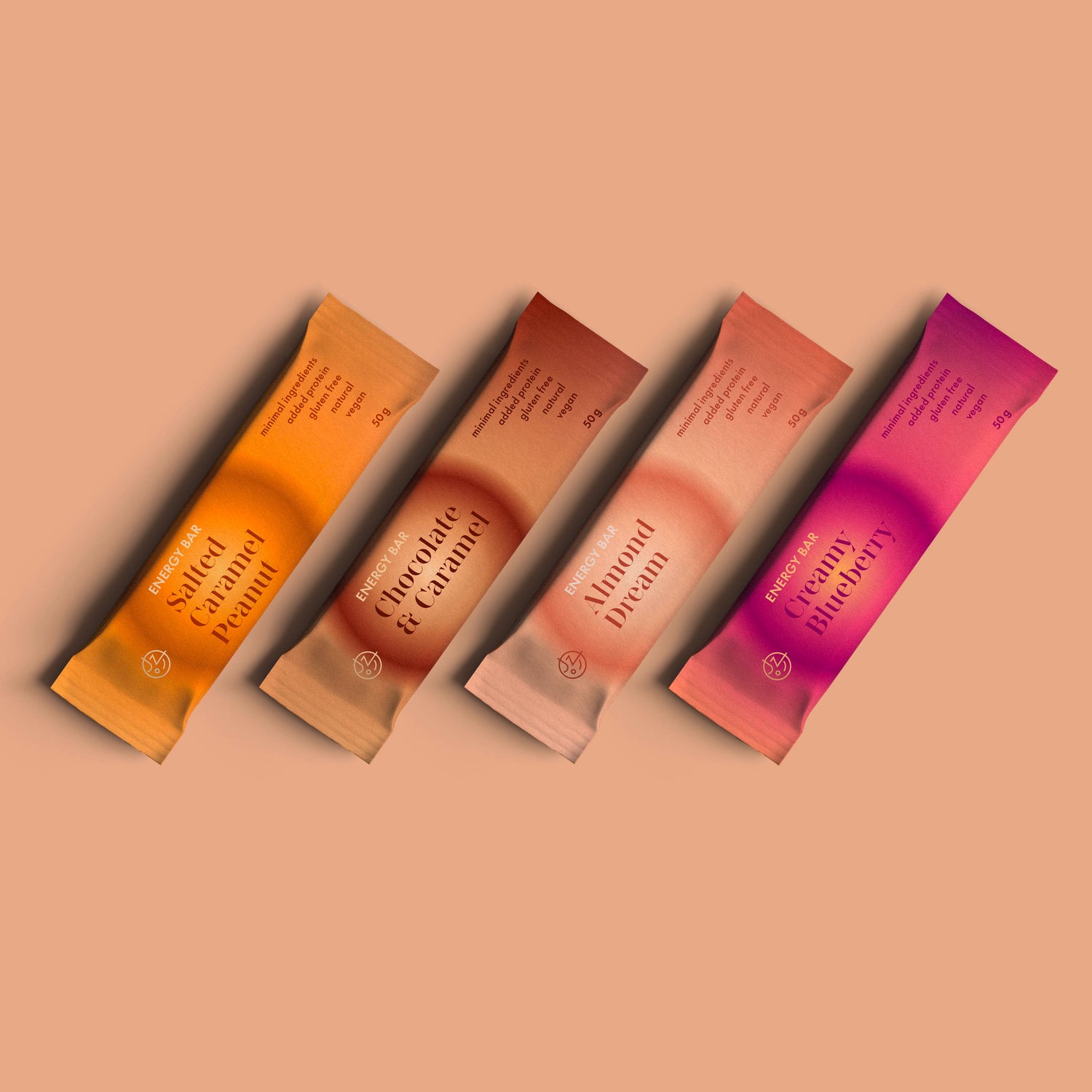 Serie di 4 barrette energetiche – Cioccolato e caramello, Mirtillo cremoso, Sogno di mandorle, Caramello salato con arachidi 🍫🫐🥜