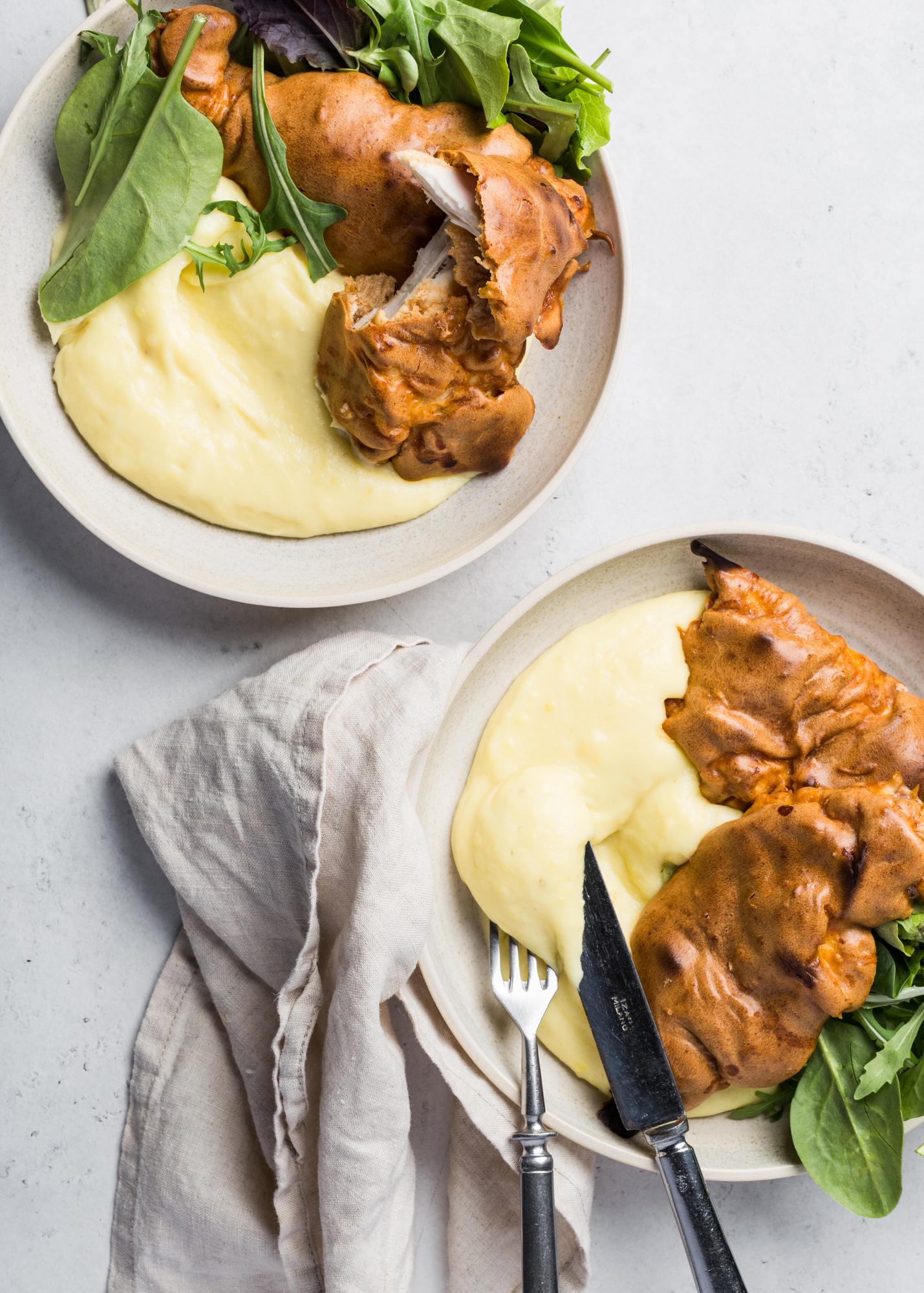 Cotolette di pollo al burro d'arachidi con purè di patate