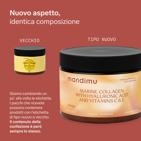 Collagene premium con acido ialuronico, vitamine C ed E (essenza di mango)