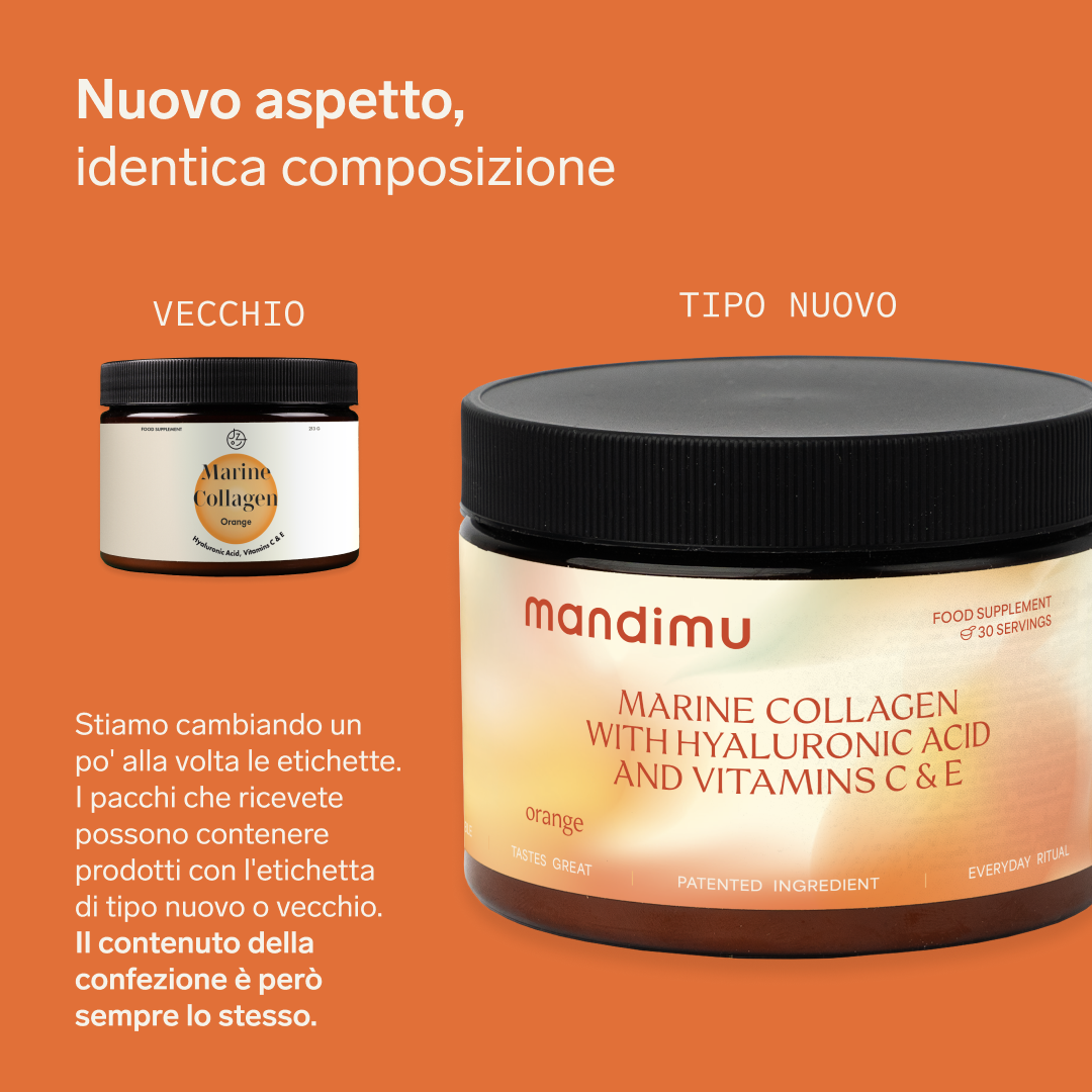 Collagene premium con acido ialuronico e vitamina C ed E (gusto arancia)