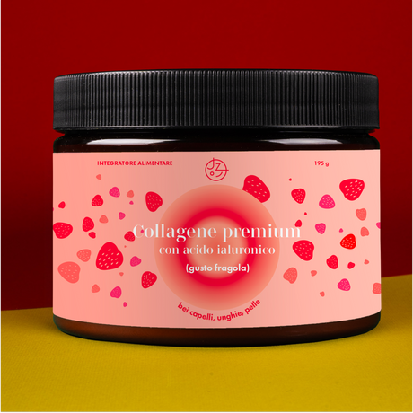 Collagene premium con acido ialuronico, vit. C e 8 sostanze per splendidi capelli, unghie, pelle (gusto fragola) 🍓